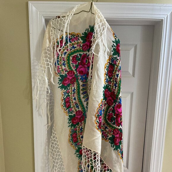 Accessories - Women's Large Wool Blend Ornate Floral Print Wrap - Made in Japan